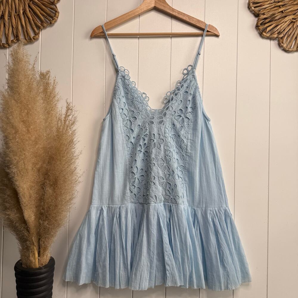 Free People mini dress floral eyelets embroidery sundress pleated boho Large - Picture 5 of 7